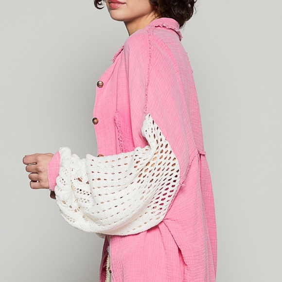New POL Clothing Women's Gauze Knit Button Front Shacket Oversized Shirt Pink - Picture 9 of 10